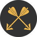 Ikon för Bågskyttekapten, två korsade gyllene pilar, på rund, svart bakgrund.