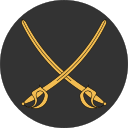 Ikon för Fäktmarsk, två korsade gyllene värjor, på rund, svart bakgrund.